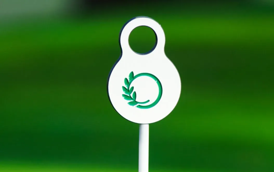 Peça de topo de sinalética de putting green para campo de prática de campo de golfe. Detalhe de peça de topo em HPL+ com personalização com logotipo de campo.