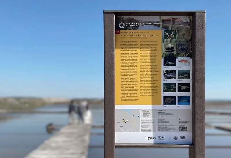 Painel informativo pequeno modelo Floema, com estrutura em plástico reciclado castanho, para rota turística em salinas..