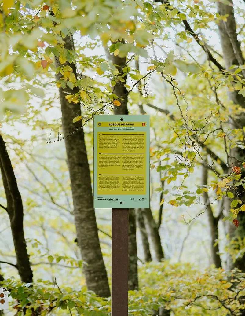 Placa informativa para percursos pedestres em HPL Print, com poste em plástico reciclado castanho, instalada em parque natural.