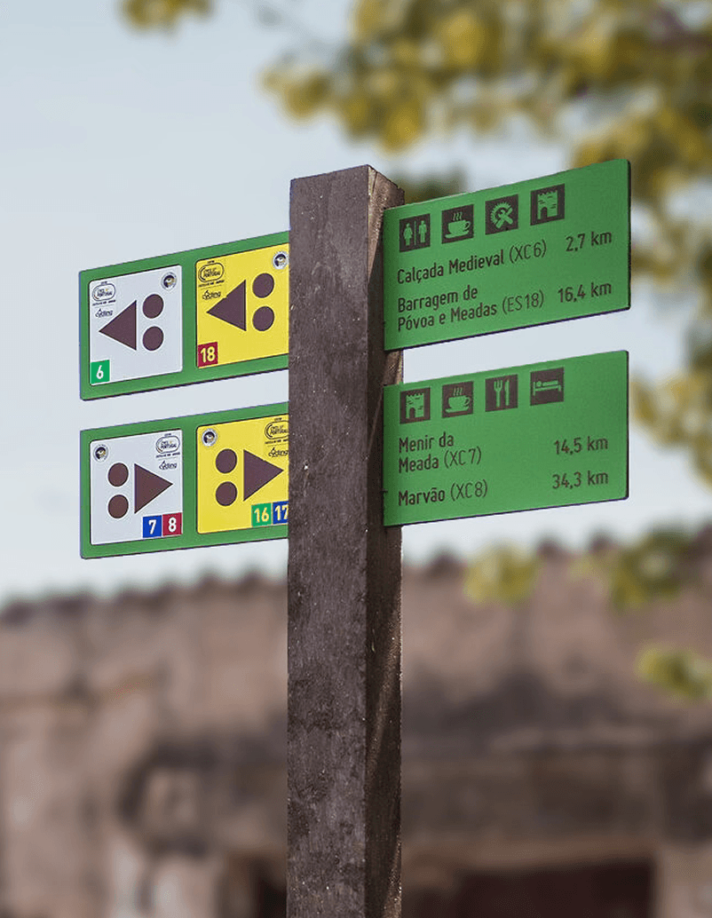 Placas direccionales Centros Cyclin' portugal en HPL+, con placas de base direccionales integradas de BTT y enduro, integradas en poste de plástico reciclado marrón.